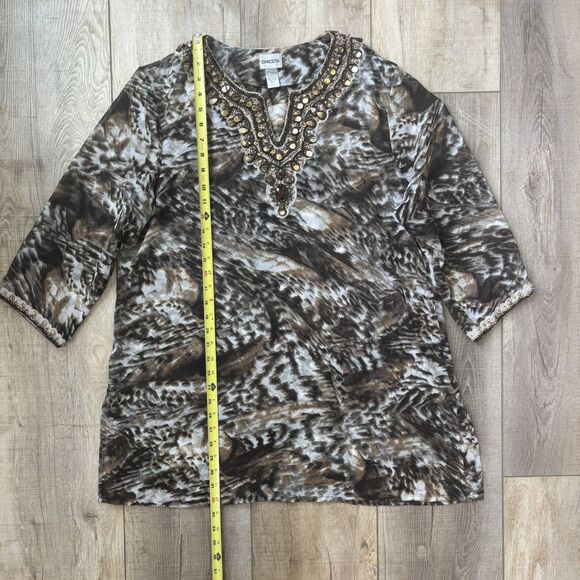 Chicos Womens Beaded Tunic Size 3 Sheer Maximalist Mob Wife Glam Boho Ethnic - Picture 12 of 15